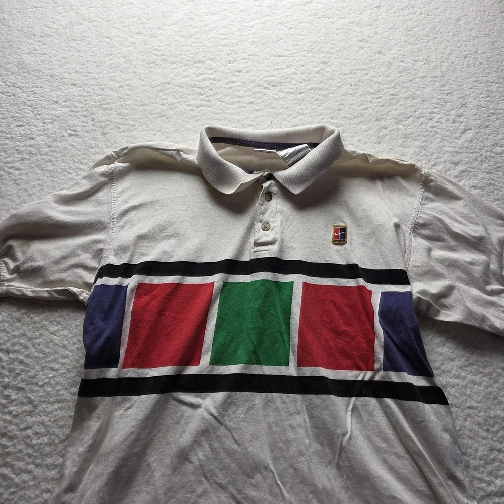 Vintage Nike Polo Shirt Mens M White Colorblock Graphic Cotton Knit Top